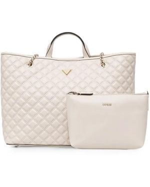 Guess Quilted Logo-Plaque Tote Bag - Natural