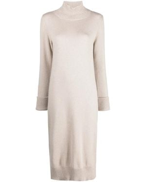 Eleventy Funnel-Neck Knitted Midi Dress - Natural