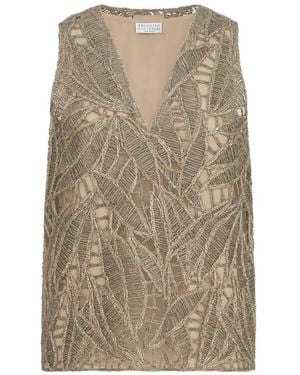 Brunello Cucinelli Linen And Cotton Dazzling Cacao Leaves Embroidery Top - Natural