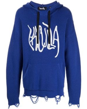 Haculla Logo-Print Distressed Knitted Hoodie - Blue