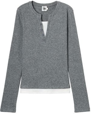B+ AB Button Ribbed Top - Grey