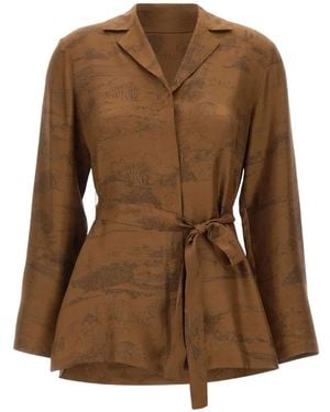 Max Mara Abituro Landscape-Print V-Neck Shirt - Brown