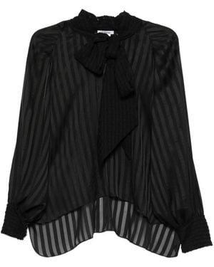 Parlor Striped Pussy-Bow-Collar Blouse - Black