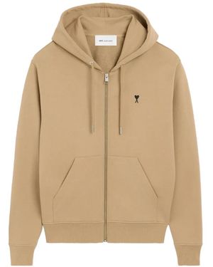 Ami Paris Zipped Cotton Hoodie With Ami De Coeur - Natural