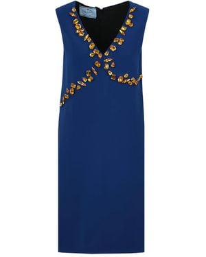 Prada Crystal-Embellished V-Neck Dress - Blue