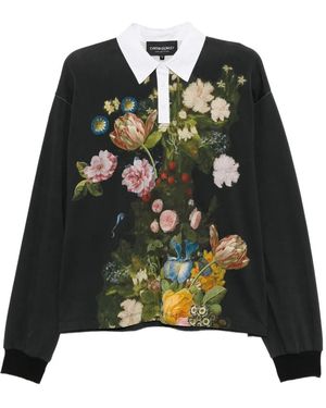 Cynthia Rowley Floral-Print Polo Collar Sweatshirt - Black