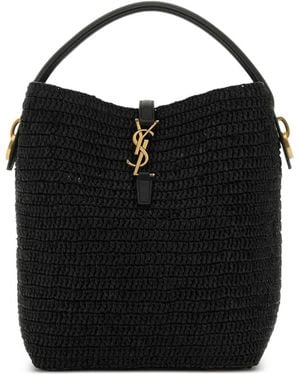 Saint Laurent Bolso Bombonera Le 37 De Rafia Con Ribete De Piel - Negro