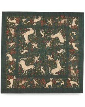 Drake's Unicorn Print Square Scarf - Green
