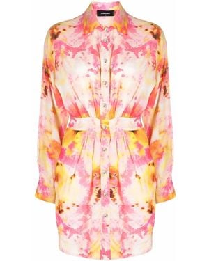 DSquared² Tie-Dye Print Fitted-Waist Shirt Dress - Pink