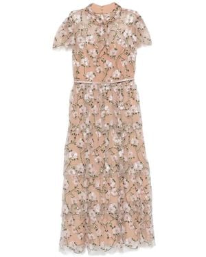 Self-Portrait Sequin-Embellished Floral-Embroidered Midi Dress - Natural