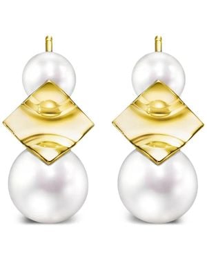Tasaki 18K M/G Square Leaf Pearl Earrings - Metallic