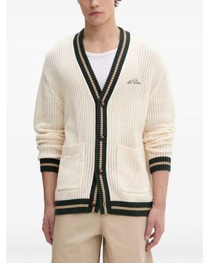 Les Deux Logo-Embroidered Striped-Trim Cardigan - Natural