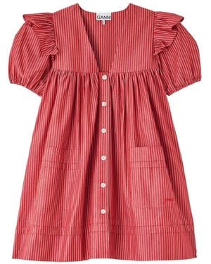 Ganni Striped Ruffled Mini Dress - Red