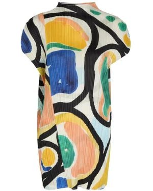 Issey Miyake Pleated Printed Woven Mini Dress - Blue