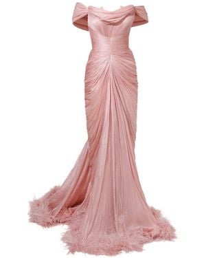 IRIS SERBAN Viola Feather-Trim Maxi Dress - Pink