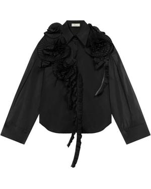 Blumarine Rose-Appliqué Taffeta Shirt - Black