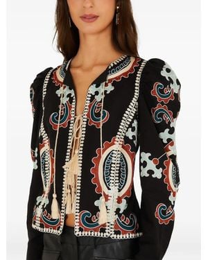 FARM Rio Embroidered Tassel-Detail Top - Black