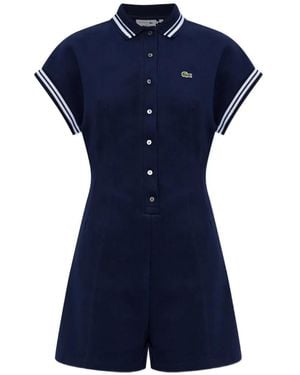 Lacoste Logo-Patch Striped-Trim Playsuit - Blue