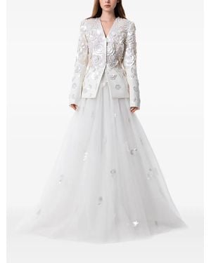 Dina Melwani Floral Sequin-Embroidered Jacket-Silhouette Maxi Gown - White