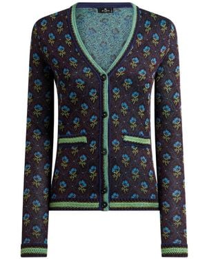 Etro Jacquard Cardigan With Diamond Flower-Motif - Blue