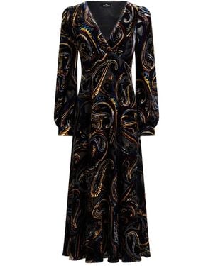 Etro Velvet Paisley-Foliage Motif Wrap Midi Dress - Black