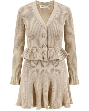 Self-Portrait Ribbed-Knit Ruffled Mini Dress - Natural