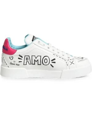 Dolce & Gabbana Graffiti-Print Leather Trainers - White