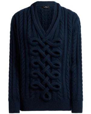 Etro Ribbed Wool-Blend Sweater With Woven Detailing - Blue