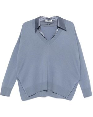 Max & Moi Satin-Collar V-Neck Jumper - Blue