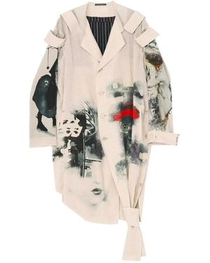 Yohji Yamamoto Artistic-Print Epaulette-Detail Long Jacket - Natural