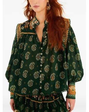 FARM Rio Tayla Lace Buttoned Puff Sleeve Blouse - Green
