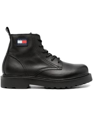 Tommy Hilfiger Logo-Patch Lace-Up Leather Boots - Black