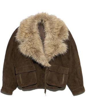 Bimba Y Lola Chocolate Leather Double-Breasted Jacket With Fur Collar - Brown
