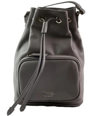 LA ROSE Drawstring Zip Leather Bucket Bag - Black