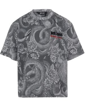 Just Cavalli Animal-Print Logo-Print T-Shirt - Grey