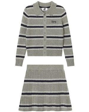 Izzue Cable-Knit Striped Cardigan And Mini Skirt Set - Grey