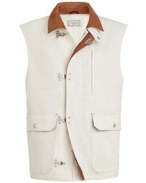 Brunello Cucinelli Cotton And Linen Canvas Vest With Suede Inserts And Hook Fastening - White