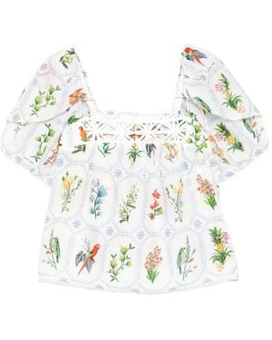 FARM Rio Tropical Porcelain Puff-Sleeve Blouse - White