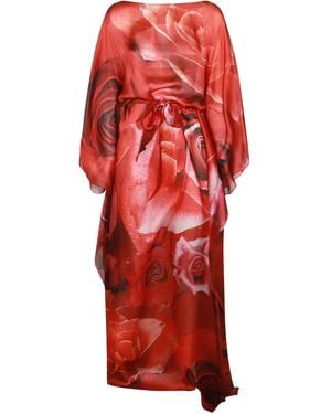 Roberto Cavalli Rose-Print Silk Kaftan Dress - Red