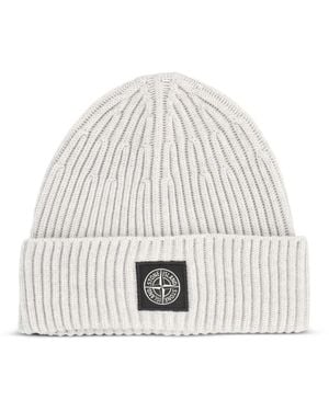 Stone Island Logo-Patch Beanie Hat - White