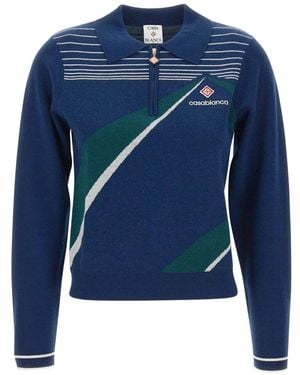 CASABLANCA Pyramid Jacquard Zip-Neck Polo Shirt - Blue