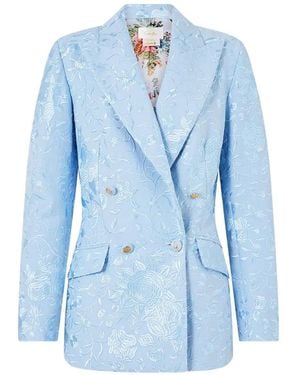 CAMILLA Double-Breasted Floral-Embroidered Blazer - Blue