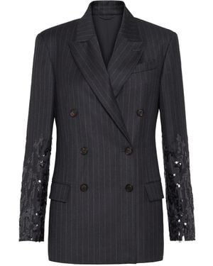 Brunello Cucinelli Pinstripe Sequin-Embellished Blazer - Blue