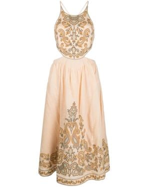 Zimmermann Devi Midikleid Aus Leinen Mit Cut-out Und Stickereien - Natur