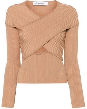 Self-Portrait Ribbed Wrap Top - Natural