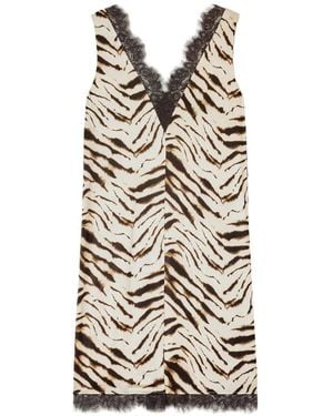 Ganni Zebra-Print Lace-Trim Midi Dress - White