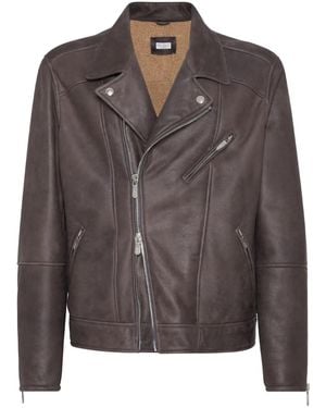 Brunello Cucinelli Shearling-Lined Leather Jacket - Grey