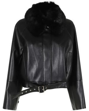 Isabelle Blanche Faux-Fur-Collar Belted Bomber Jacket - Black
