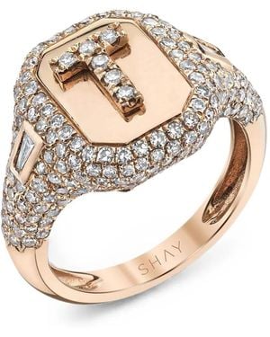 SHAY Bague Initial T Ornée De Diamants - Métallisé