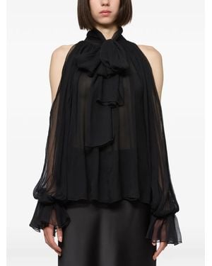 Atu Body Couture Cold-Shoulder Pussy-Bow Blouse - Black